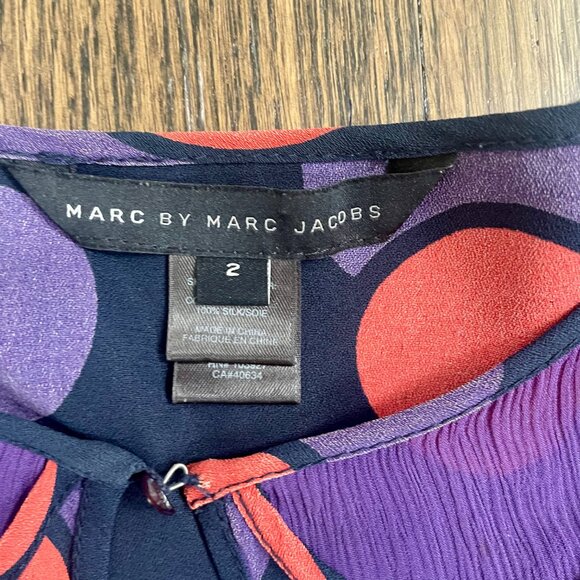 Marc by Marc Jacobs Navy Circle Print Wrap Dress Size 2 Silk Short Sleeve Ruffle - Picture 2 of 8